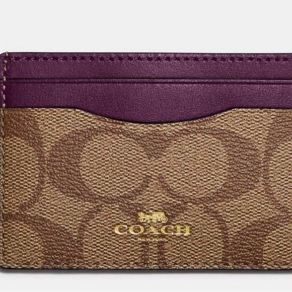Coach Card Case In Signature Canvas Khaki Boysenberry Slim Holder Wallet NWT - Picture 1 of 7